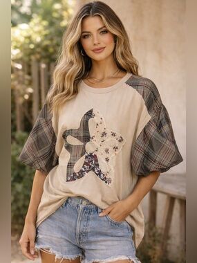 Oddi Los Angeles Patchwork Star Top Boho Oversized Tee Medium